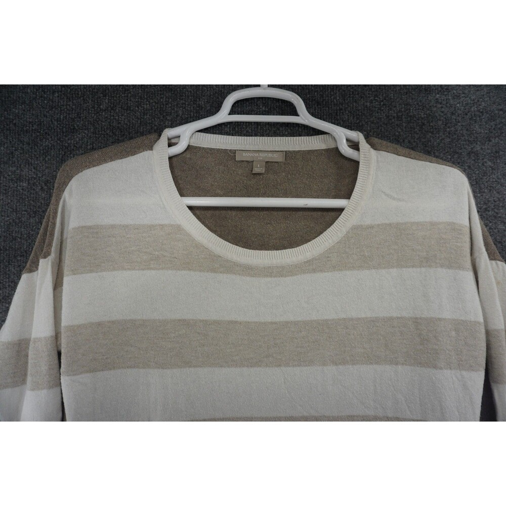 Banana Republic Womens Large Tan White Striped Pullover Sweater Scoop Neck